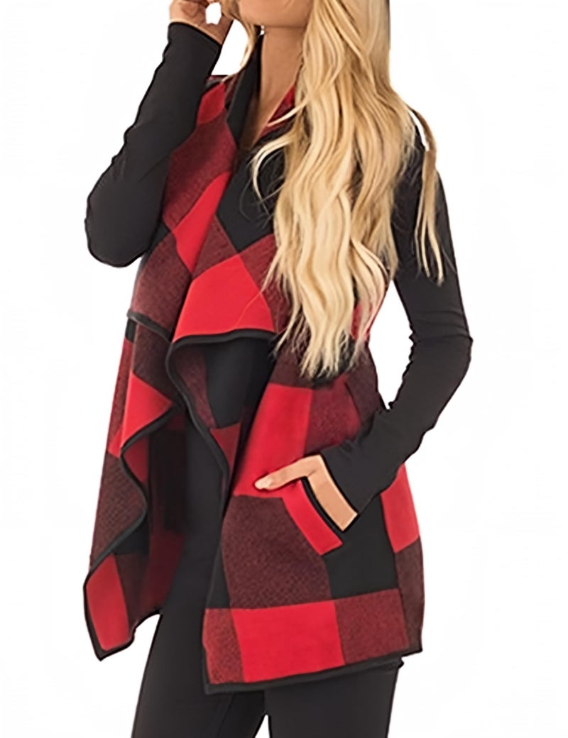 Unidear Womens buffalo Plaid Vest Casual Lapel Open Front Sleeveless Cardigan Jacket Coat Outfits with Pockets Red and Black XXL - Image 2